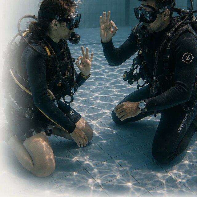 Two divers sharing the OK signal underwater